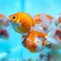Two orange and white goldfish swimming in a bright blue aquarium with other blurred fish in the background.