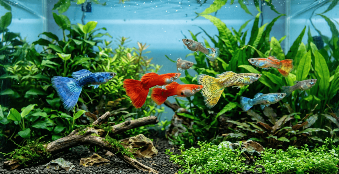 A live aquarium scene with several guppy fish swimming among lush green aquatic plants, driftwood, and gravel. The fish include blue, red-orange, yellow, and silver varieties.